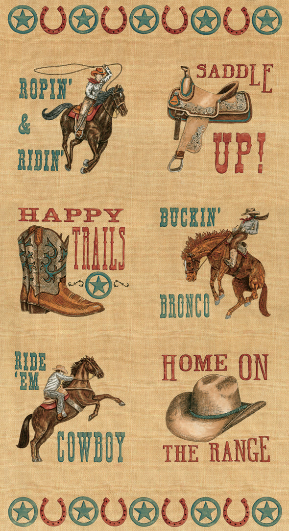 Moda Home On The Range Burlap Fabric Panel – Western Cowboy Scenic by Deb Strain