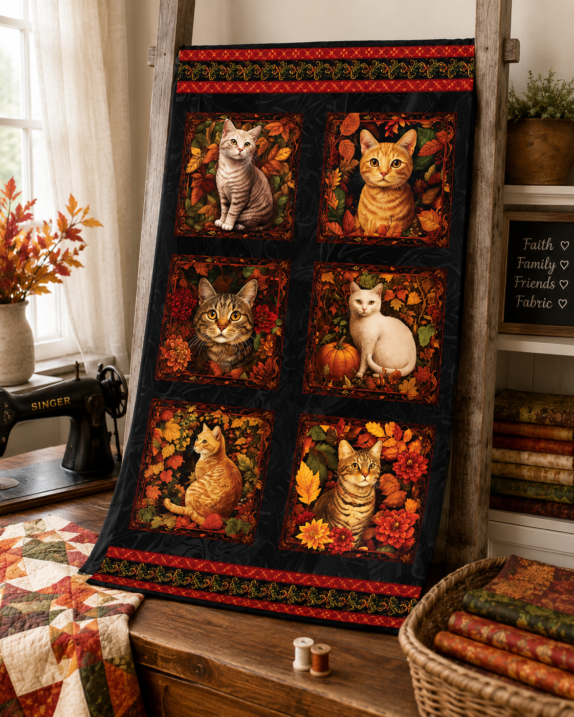 Benartex Autumn Cats Panel Black/Spice Fabric – 24” x 44” Cat Panel by Peggy Collins