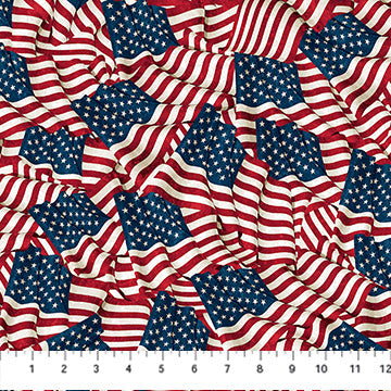Northcott Stars & Stripes 13 Waving Flags Navy Multi Fabric – Patriotic Flag Print by Linda Ludovico