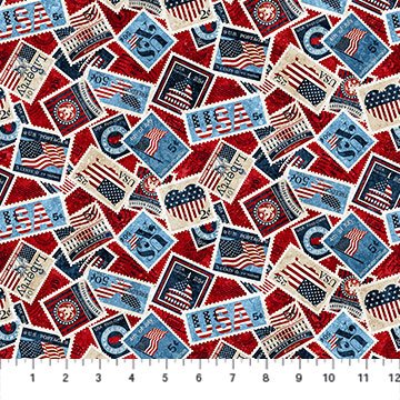 Northcott Stars & Stripes 10th Anniversary Red Multi Stamps Fabric – Red Patriotic Novelty Print by Linda Ludovico