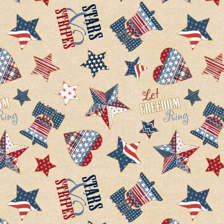 Wilmington Prints Stars of Valor Patriotic Symbols Tossed in Cream Fabric – by Beth Grove