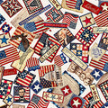 QT Fabrics American Tapestry Patriotic Collage Cream Fabric – Patriotic Novelty Print by Dan Morris