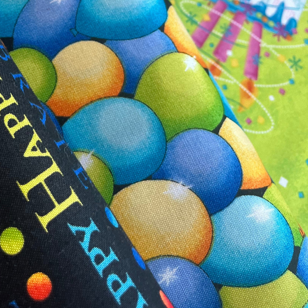 QT Fabrics - Party On! - Balloons Multi Fabric – Blue Birthday Print by Victoria Hutto
