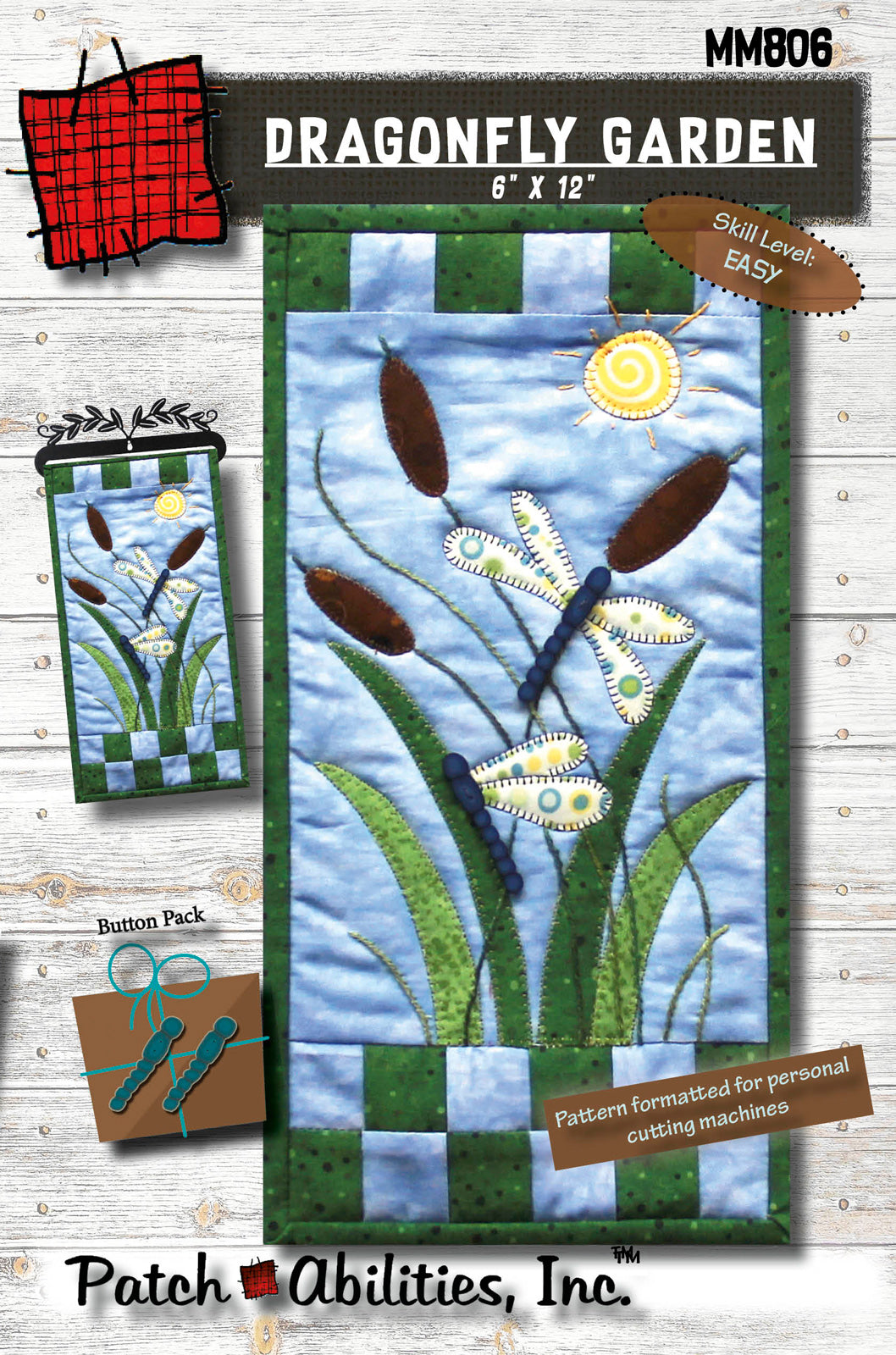 Dragonfly Garden by Julie Wurzer - Wall Hanging Pattern with Button Pack – 6"x12" for Patch Abilities