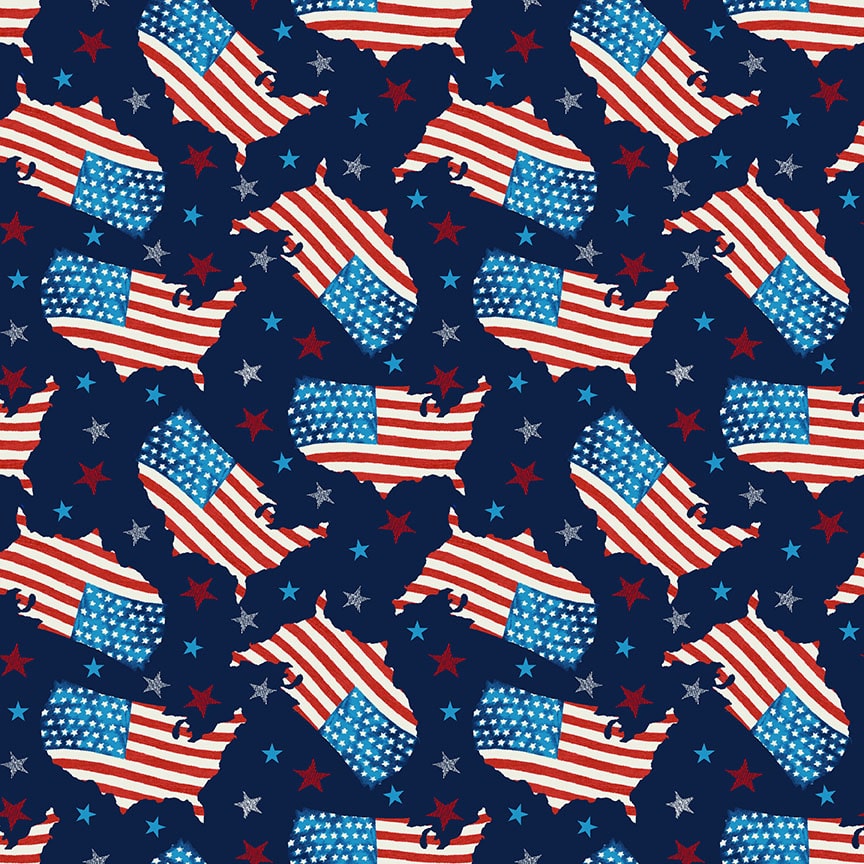 Henry Glass Liberty for All Tossed USA Map Blue Fabric – Blue Patriotic Novelty Print