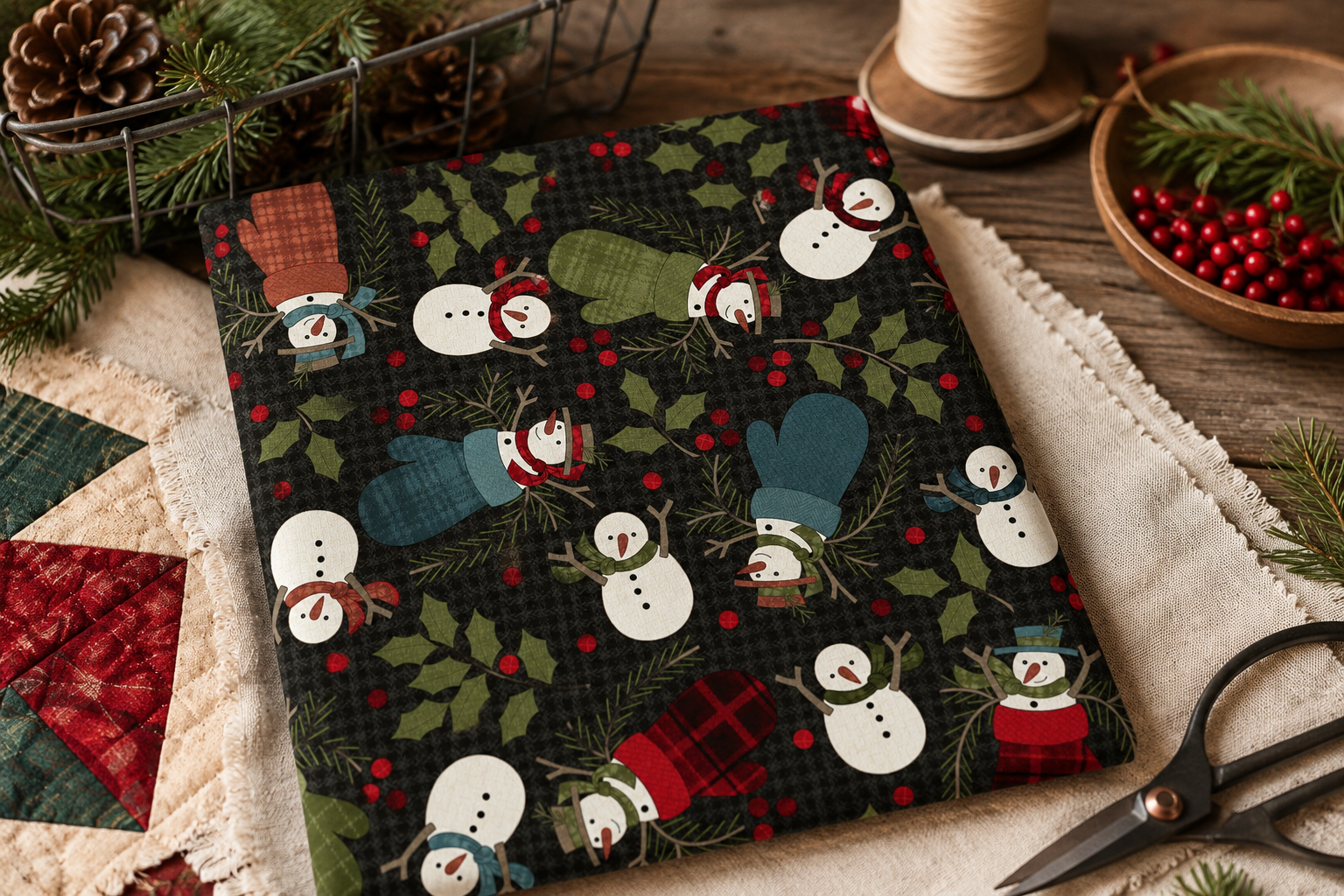 Maywood Studio Holly Jolly Black Snowmen Flannel Fabric – Holiday Print by Bonnie Sullivan