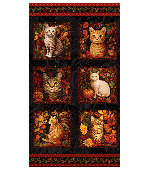 Benartex Autumn Cats Panel Black/Spice Fabric – 24” x 44” Cat Panel by Peggy Collins