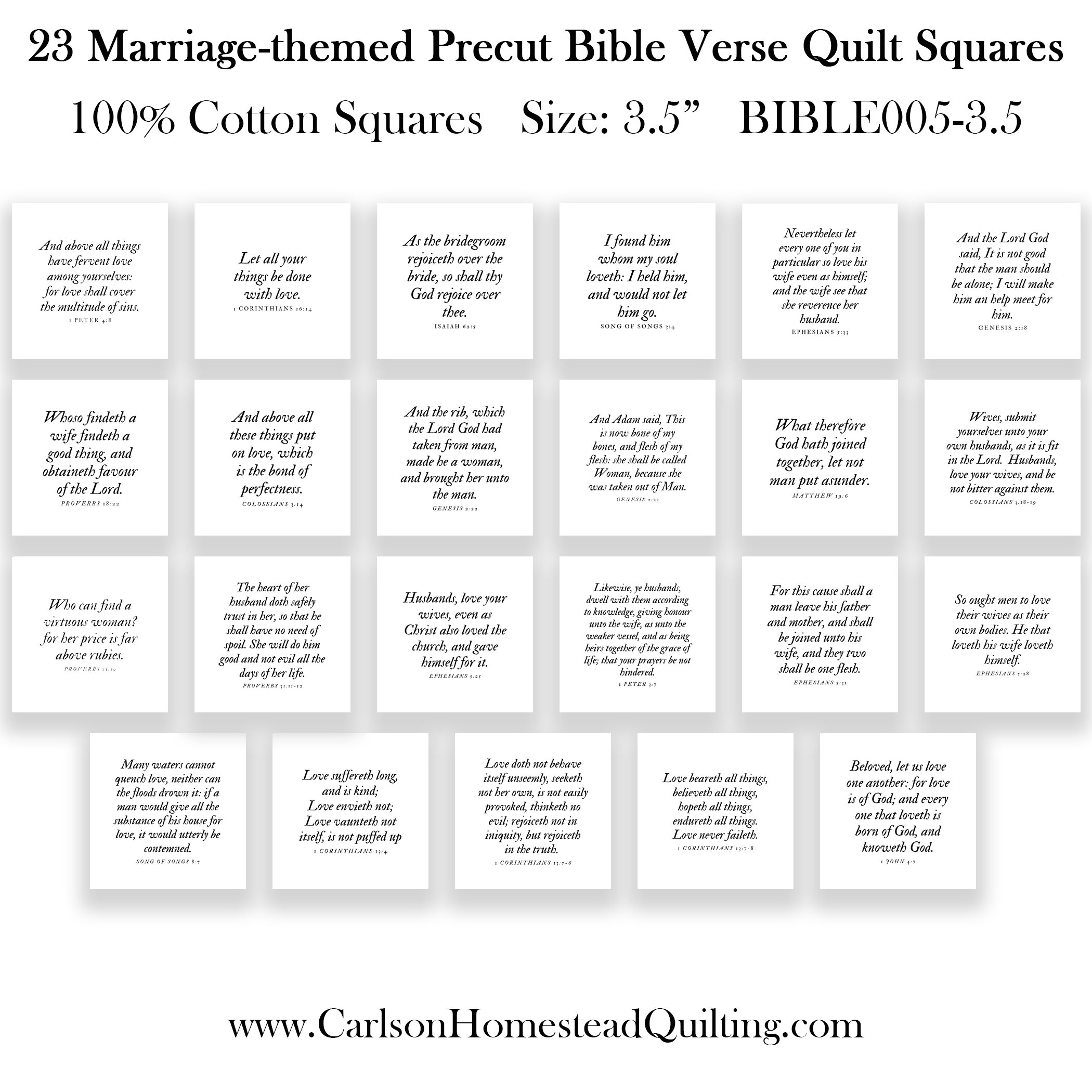 23 Wedding-themed Bible Verse Quilt Squares- Precut 3.5in squares - Carlson Homestead Quilting