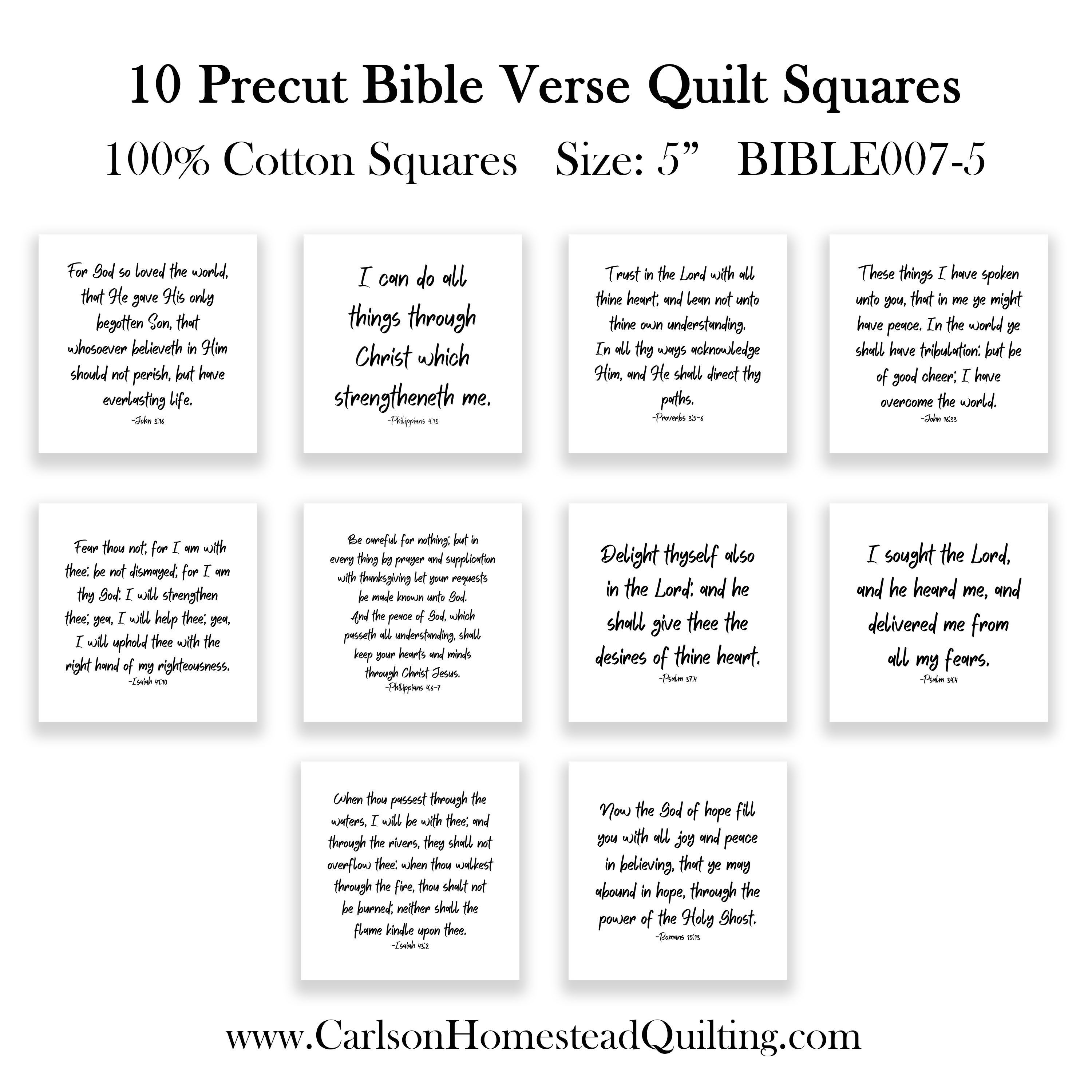 10 Bible Verse Quilt Squares - Precut 5" - Carlson Homestead