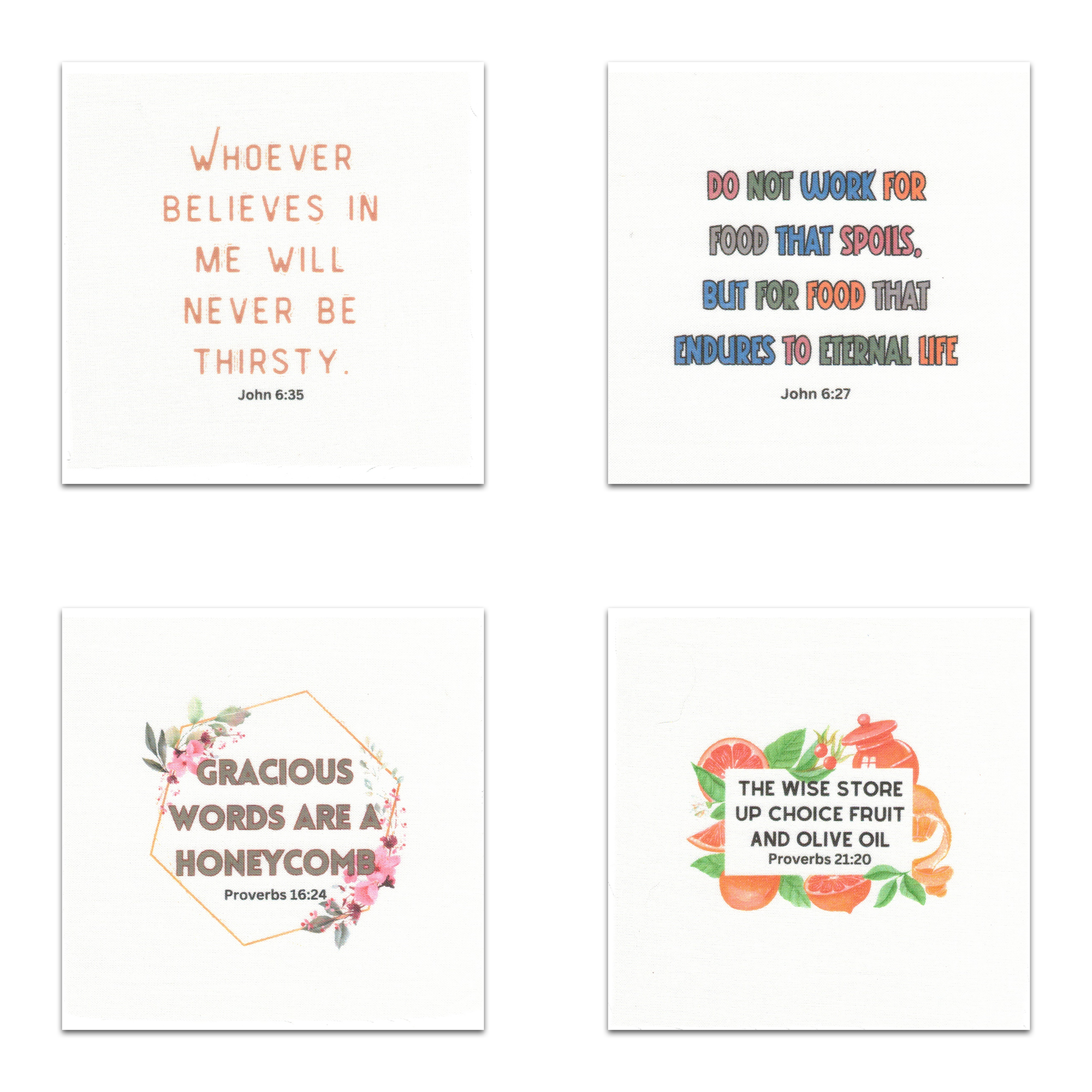 20 Food-themed Bible Verse Quilt Squares - Precut 3.5" - Carlson Homestead Quilting