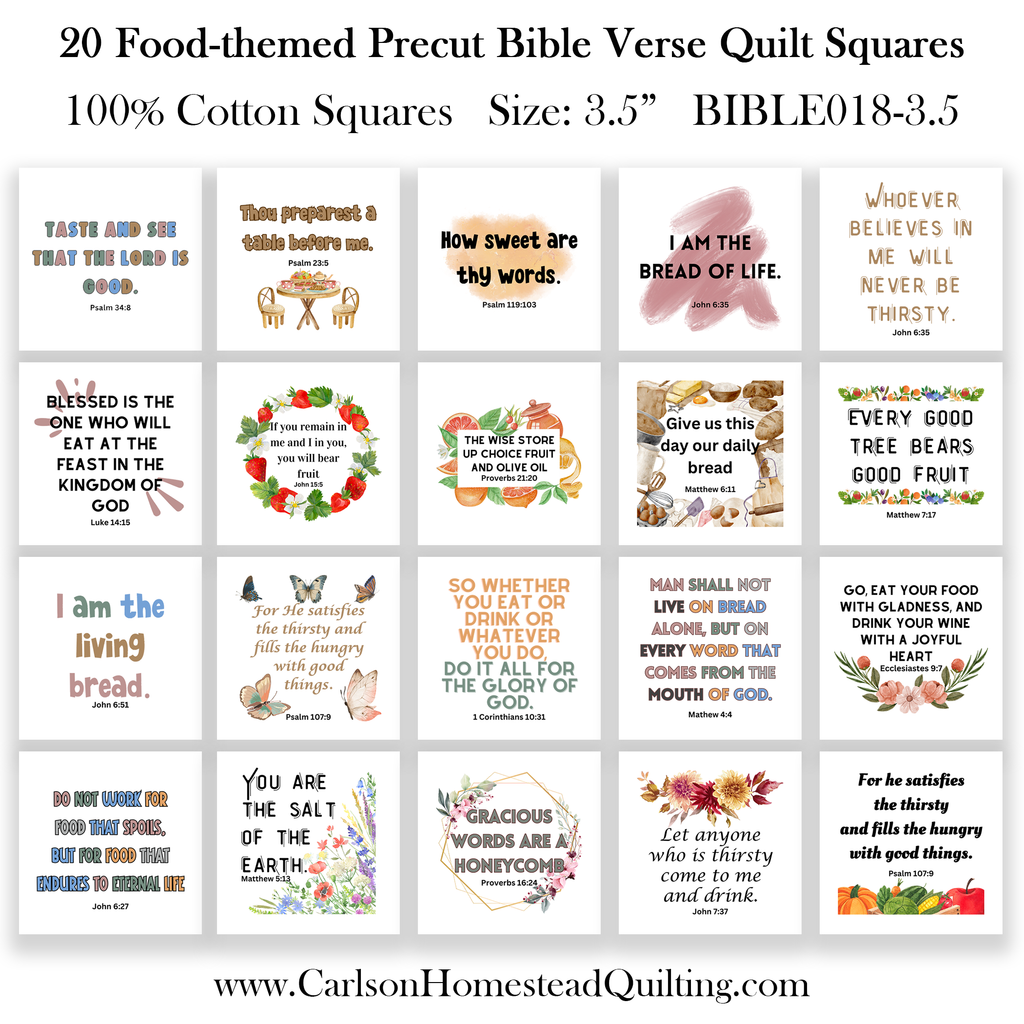 20 Food-themed Bible Verse Quilt Squares - Precut 3.5" - Carlson Homestead Quilting