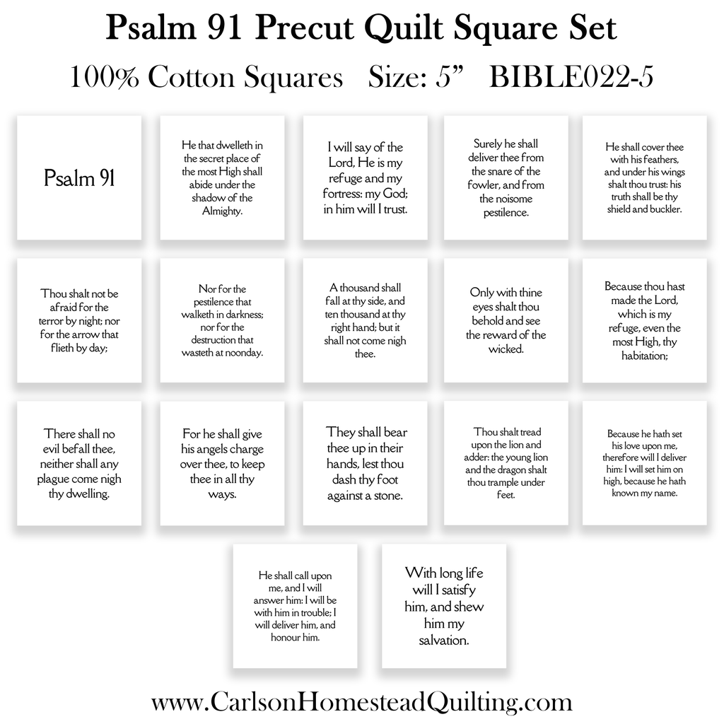 17 of Psalm 91 Bible Verses Quilt Squares in White - Precut 5" squares Set - Carlson Homestead Quilting