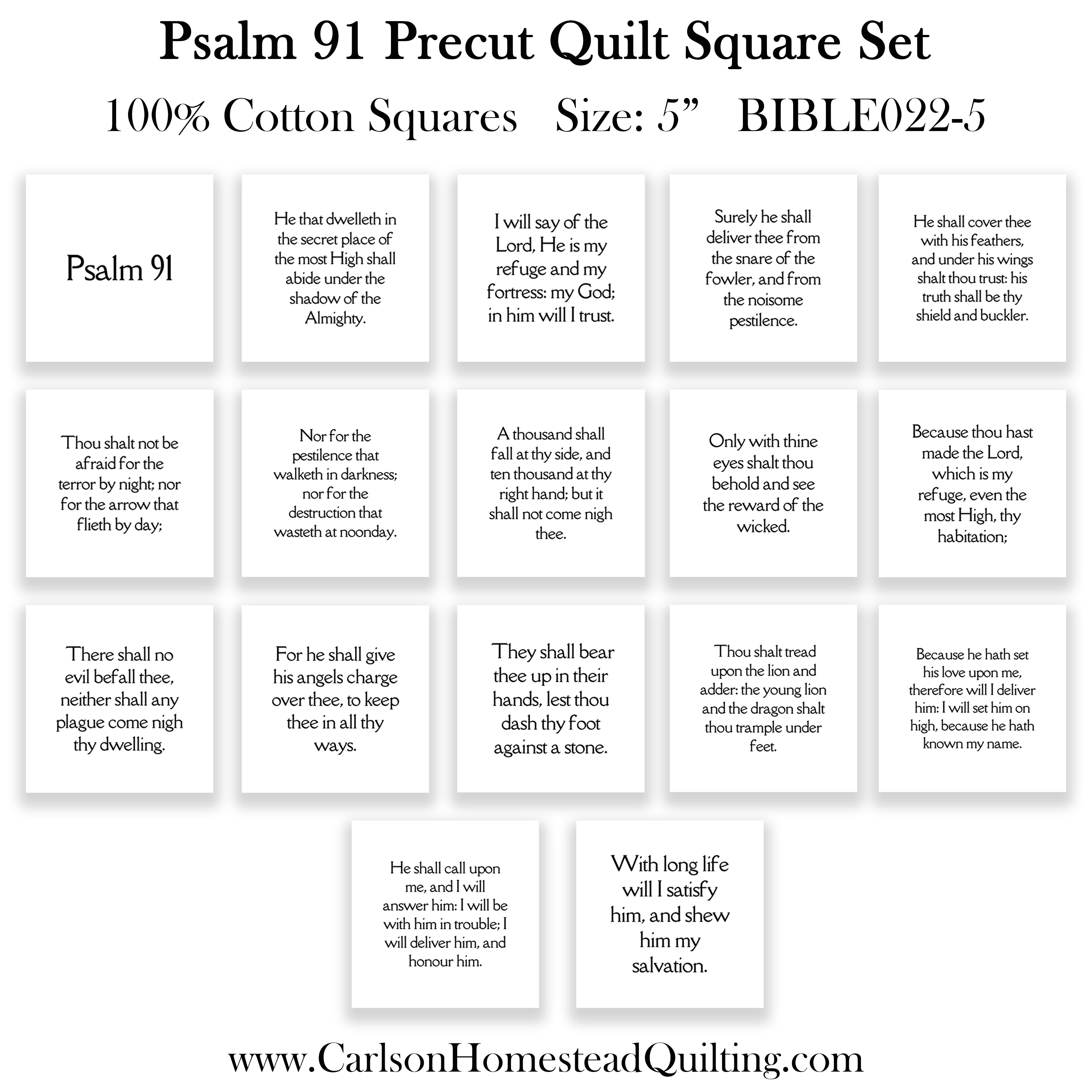 17 of Psalm 91 Bible Verses Quilt Squares in White - Precut 5" squares Set - Carlson Homestead Quilting