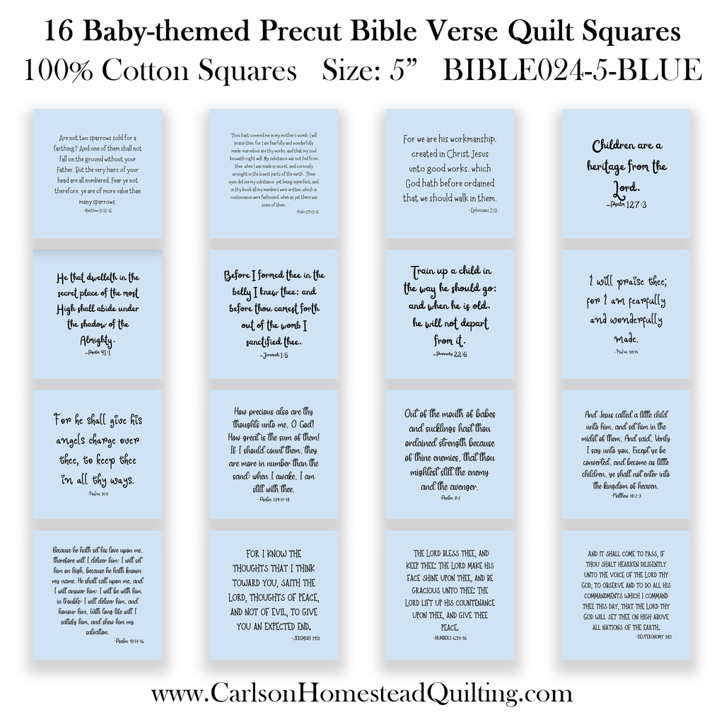 16 Baby-themed Bible Verse Quilt Squares - Precut 5in LIGHT BLUE - Carlson Homestead