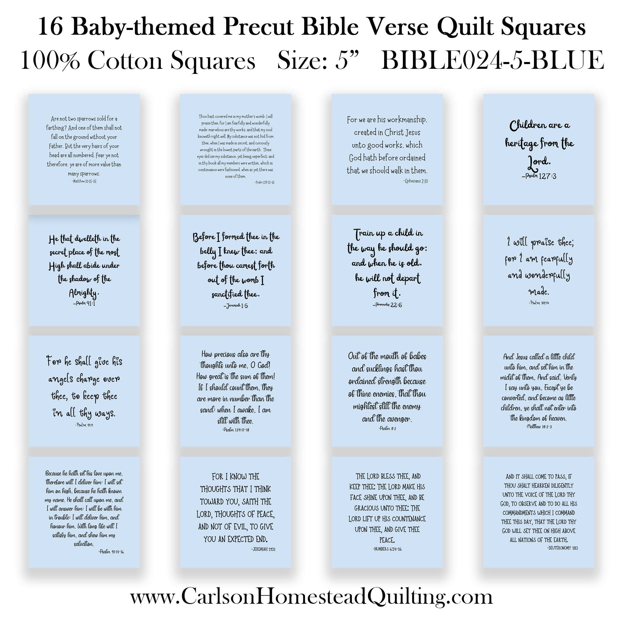 16 Baby-themed Bible Verse Quilt Squares - Precut 5in LIGHT BLUE - Carlson Homestead
