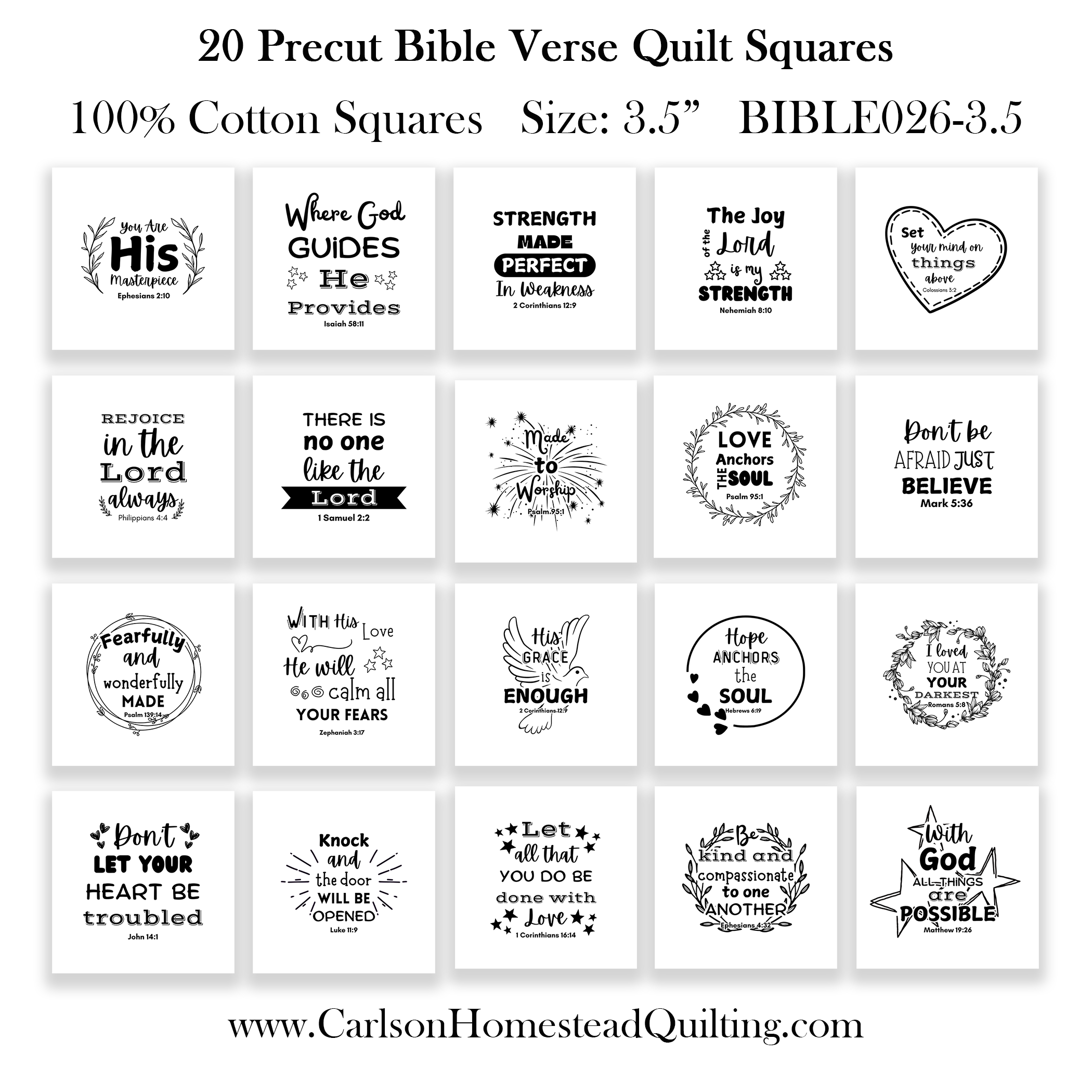 20 Bible Verse Quilt Squares - Precut 3.5in - Carlson Homestead Quilting