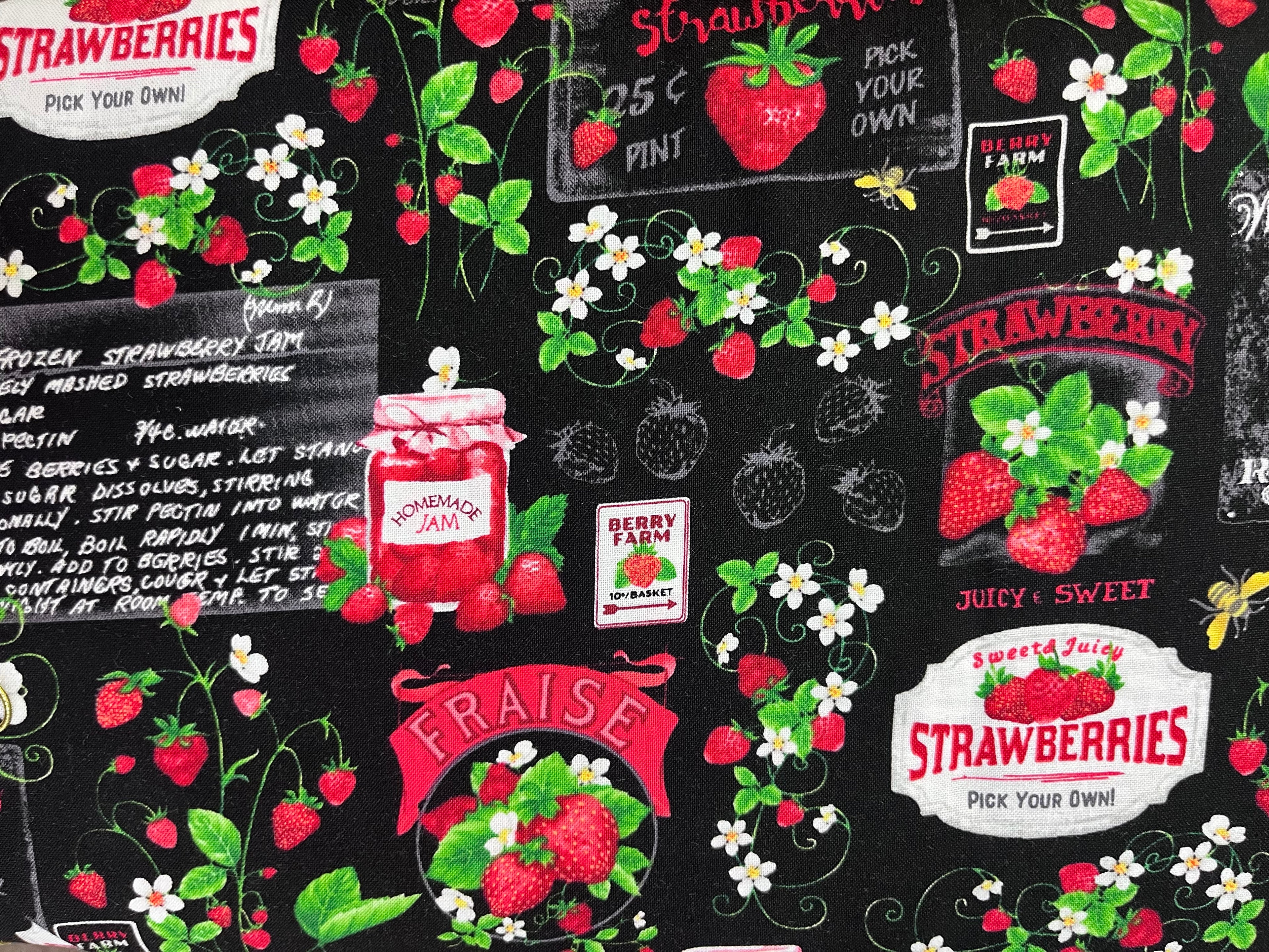 Timeless Treasures - Strawberry Fields - Strawberry Farm Signage Black Fabric