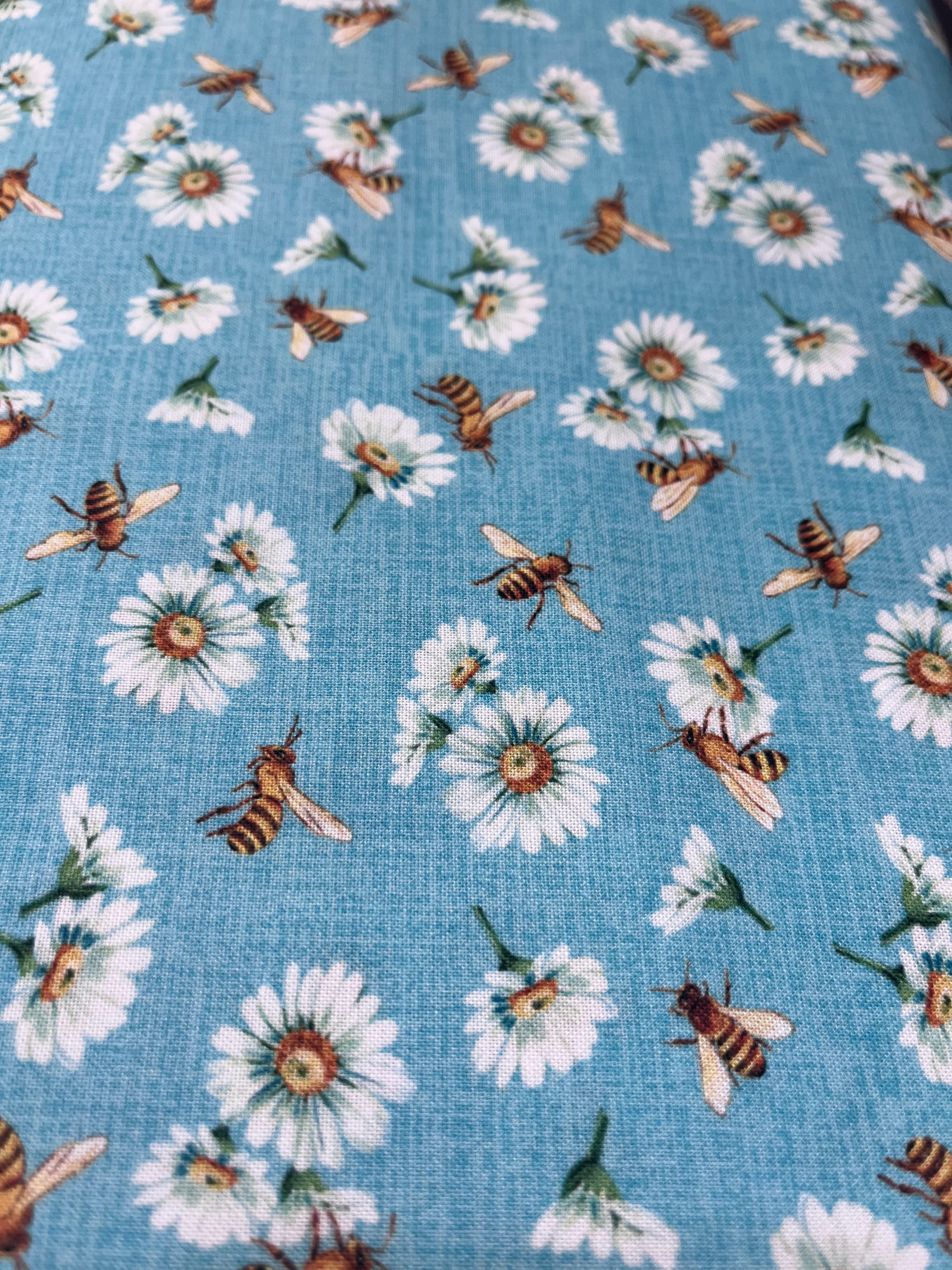 Michael Miller Bee Culture Busy Bees Blue Daisy Fabric by Diane Kappa