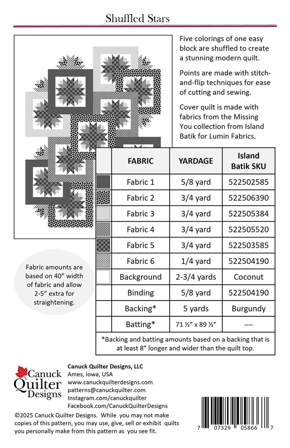 Shuffled Stars Quilt Pattern (63-1/2" x 81-1/2") by Canuck Quilter Designs