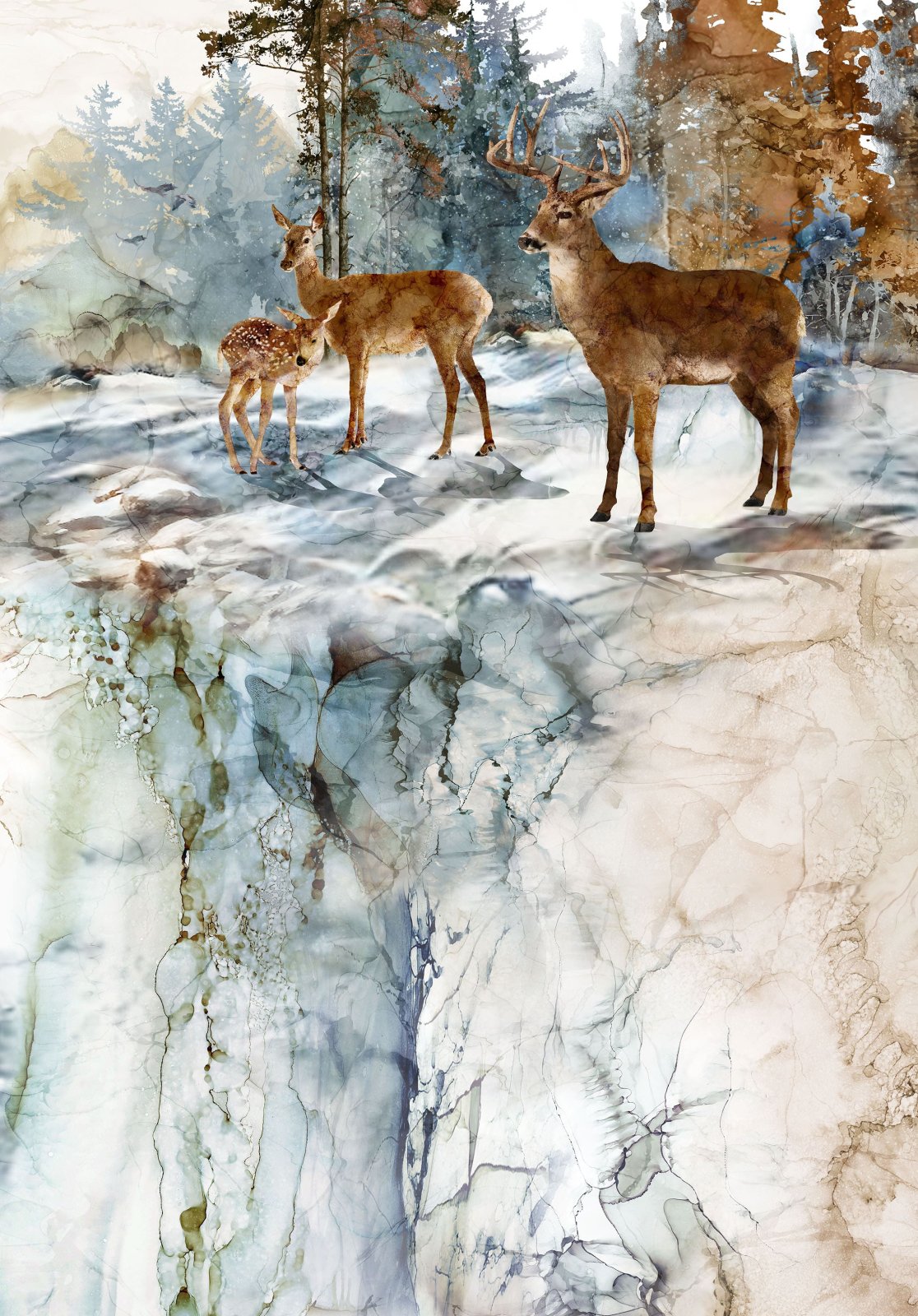 Northcott Highland View Cliffside Deer 30" Panel Fabric – White Multi by Deborah Edwards & Melanie Samra