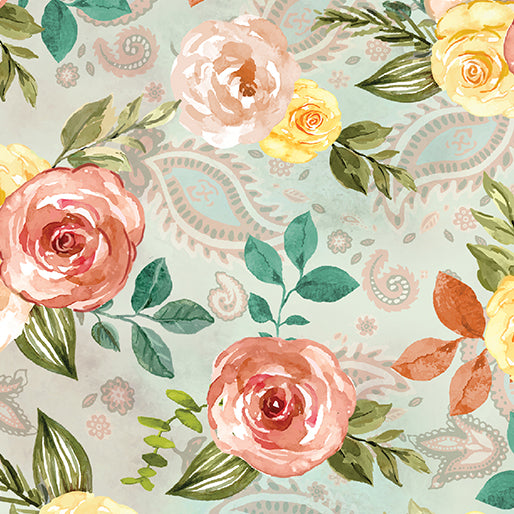 Nicole DeCamp Gone Country Country Time Roses Seafoam 108" Wide Back Fabric – Floral Quilt Backing
