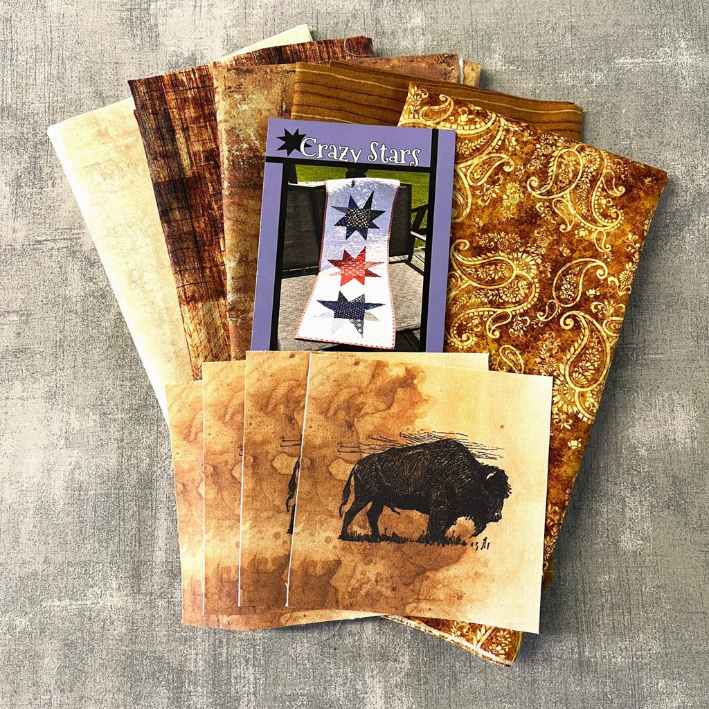 Buffalo Table Runner Kit – Crazy Stars Villa Rosa Pattern – Western Quilt Kit with CHQ Exclusive Buffalo Squares – Rustic Fabric Kit – 13.5" x 54"
