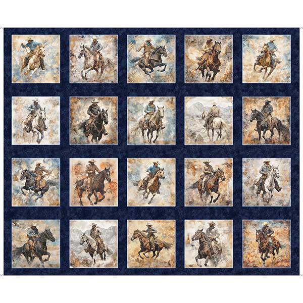 Running Wild Cowboy on Horse Picture Patches Fabric – Western Novelty Patchwork Print by QT Fabrics